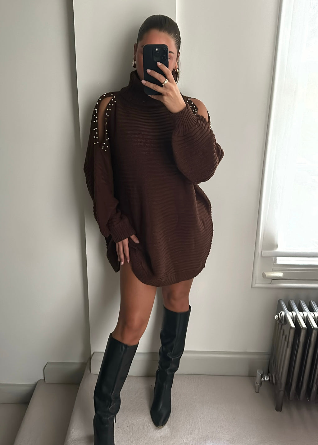 Mila Pearl Cold Shoulder Mini Jumper Dress - Brown