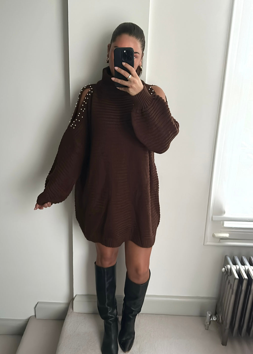 Mila Pearl Cold Shoulder Mini Jumper Dress - Brown