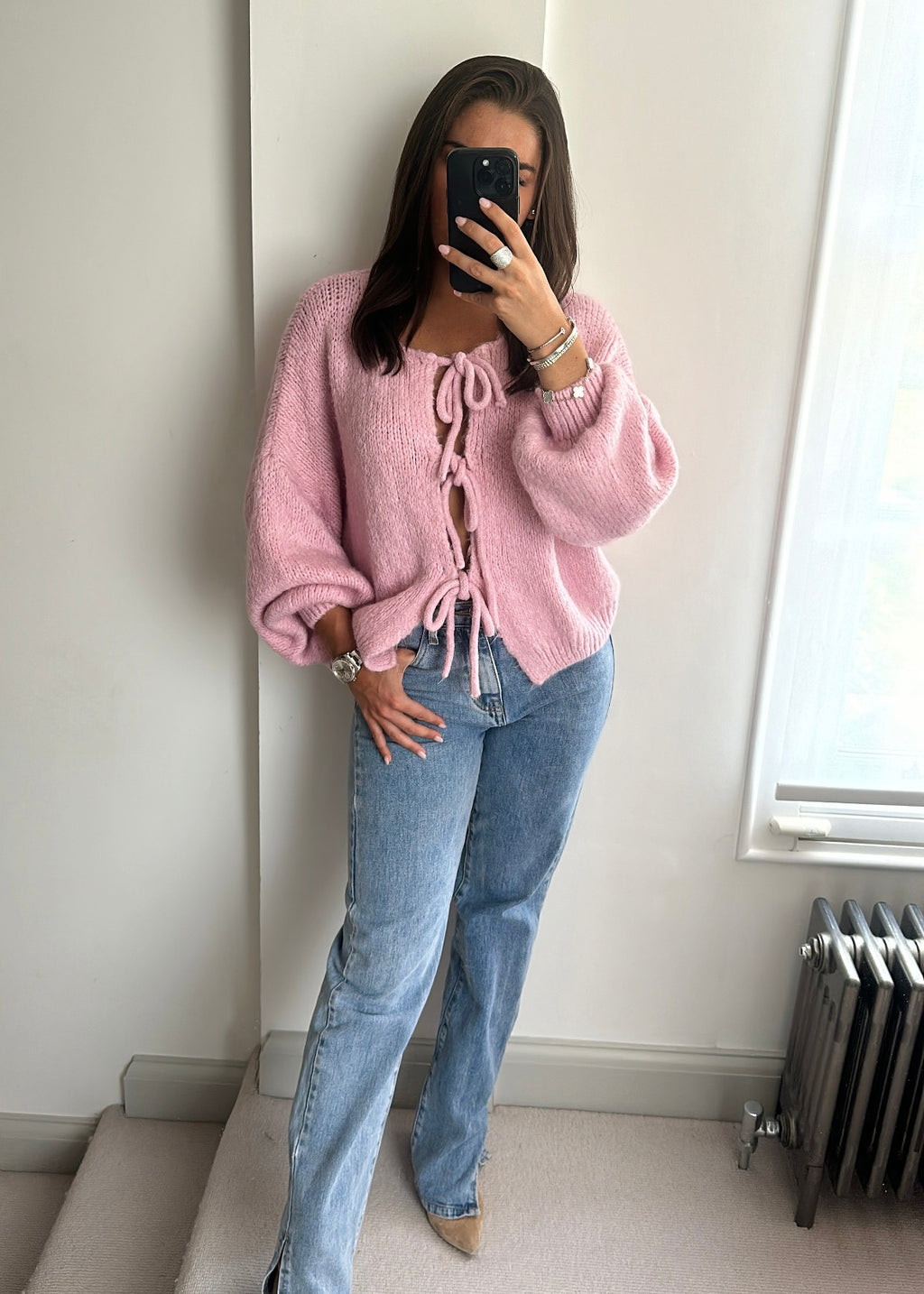 Raya Bow Knit Cardigan - Baby Pink