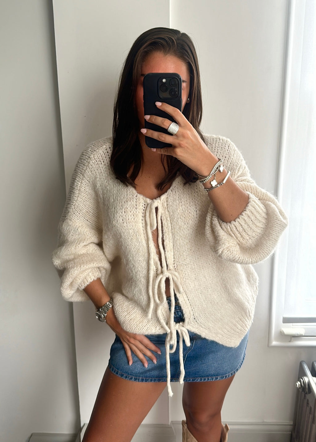 Raya Bow Knit Cardigan - Cream