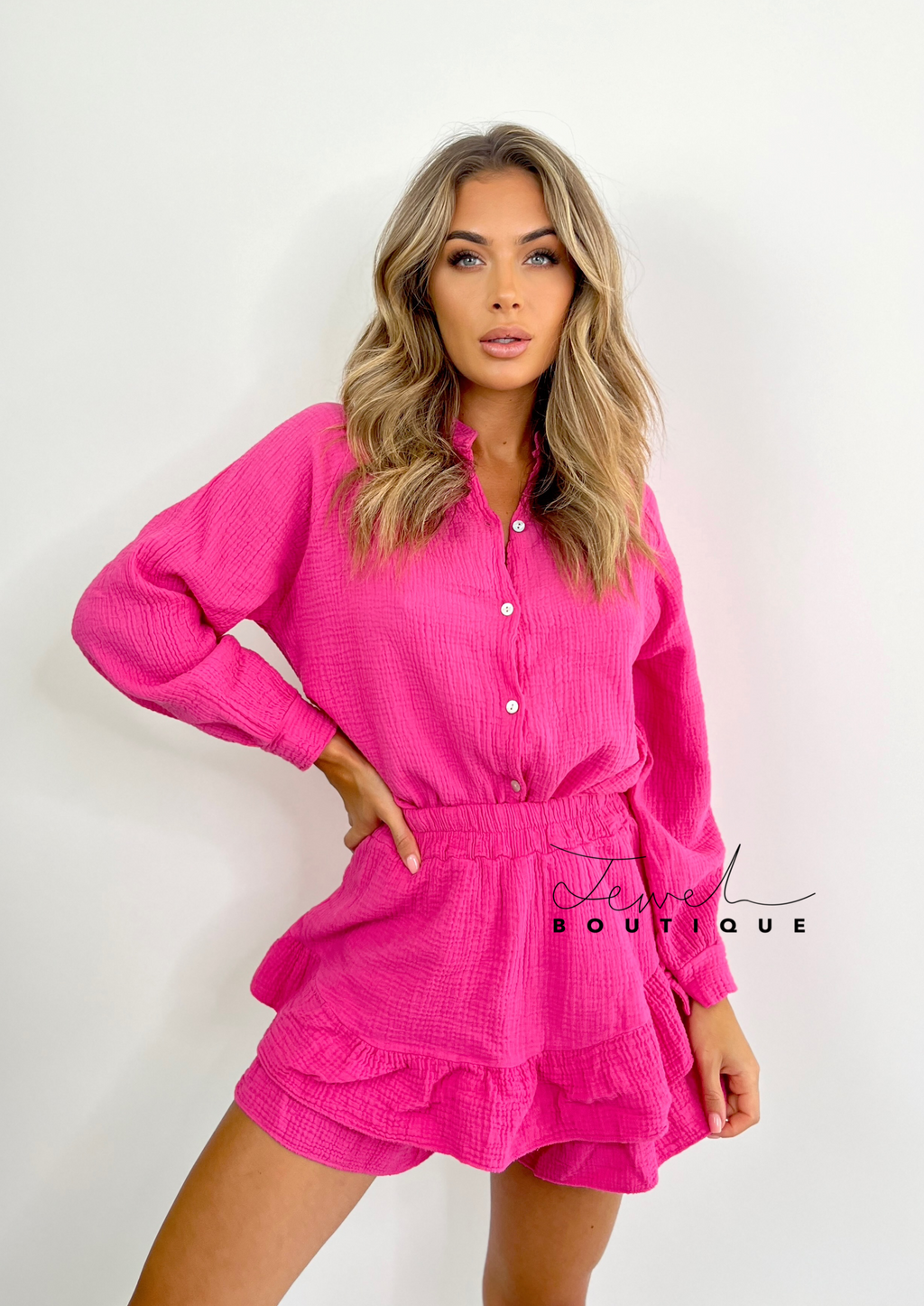 Women's pink linen top and shorts set