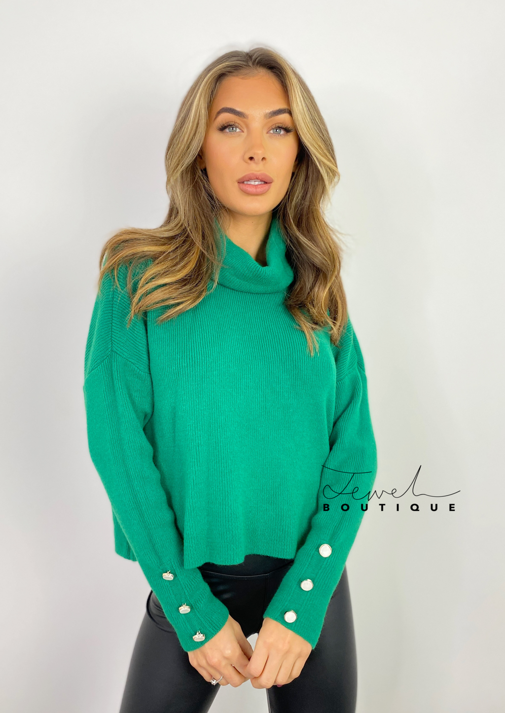 Women's emerald green roll neck knit jumper